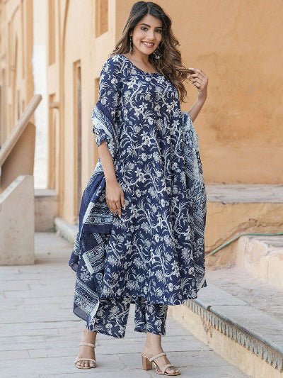 Blue White Cotton Jaipuri Print Anarkali Suit - BONYHUBSALWAR KAMEEZ