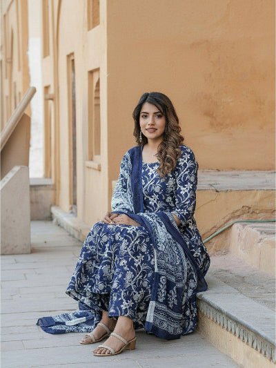 Blue White Cotton Jaipuri Print Anarkali Suit - BONYHUBSALWAR KAMEEZ