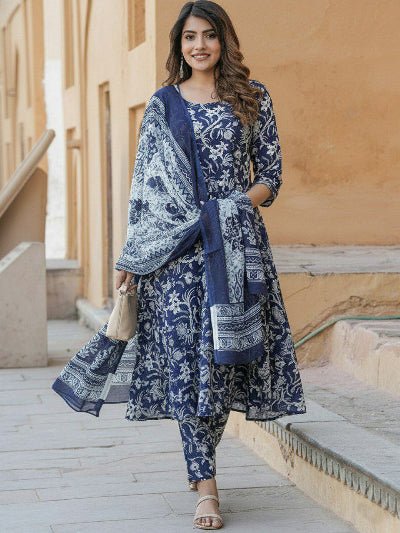 Blue White Cotton Jaipuri Print Anarkali Suit - BONYHUBSALWAR KAMEEZ