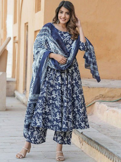 Blue White Cotton Jaipuri Print Anarkali Suit - BONYHUBSALWAR KAMEEZ