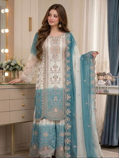 Blue &amp; White Embroidery Georgette Sharara Palazzo Set - BONYHUBSALWAR KAMEEZ
