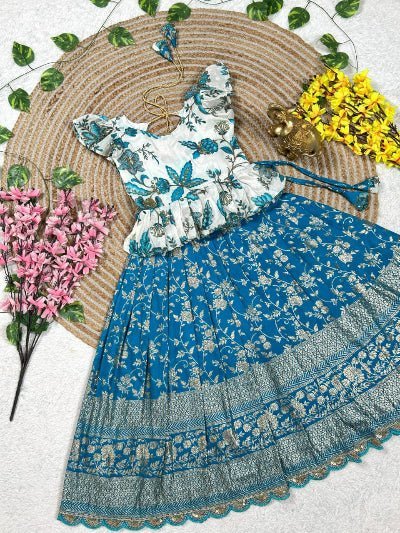 Blue &amp; White Kids Zari Silk Lehenga Blouse Set - BONYHUBLehangas