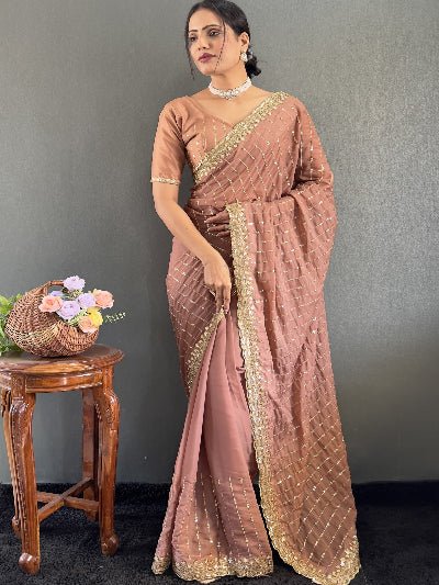 Blush Beige Georgette Silk Readymade Saree Unstitch Blouse pc - BONYHUBSAREE