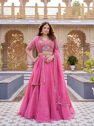 Blush Cranberry Pink Embroidery Lehenga Choli Set - BONYHUBSALWAR KAMEEZ