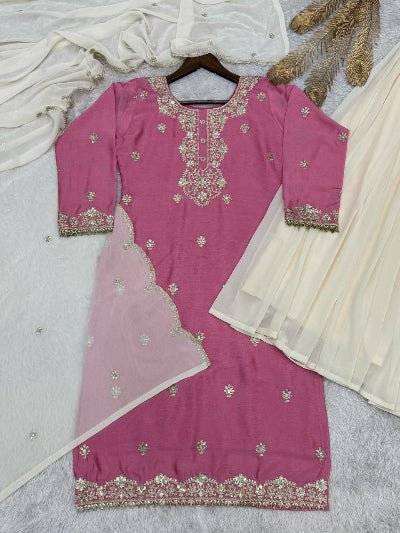 Blush Pink Beautiful Kurti With Cream Palazzo & Dupatta - BONYHUBSALWAR KAMEEZ