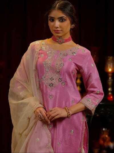 Blush Pink Beautiful Kurti With Cream Palazzo & Dupatta - BONYHUBSALWAR KAMEEZ