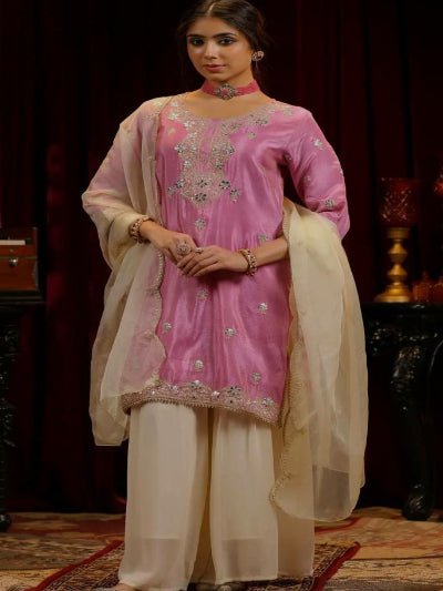Blush Pink Beautiful Kurti With Cream Palazzo & Dupatta - BONYHUBSALWAR KAMEEZ