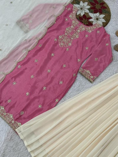 Blush Pink Beautiful Kurti With Cream Palazzo & Dupatta - BONYHUBSALWAR KAMEEZ