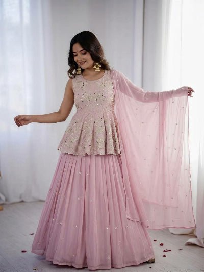 Blush Pink Embroidered Peplum Style Kurti Lehenga Skirt &amp; Dupatta - BONYHUBSALWAR KAMEEZ