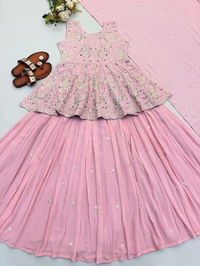Blush Pink Embroidered Peplum Style Kurti Lehenga Skirt &amp; Dupatta - BONYHUBSALWAR KAMEEZ