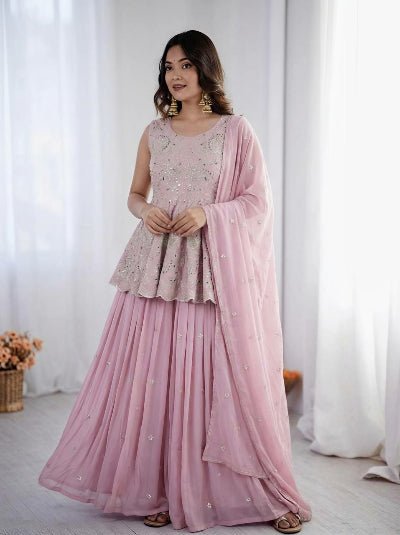 Blush Pink Embroidered Peplum Style Kurti Lehenga Skirt &amp; Dupatta - BONYHUBSALWAR KAMEEZ