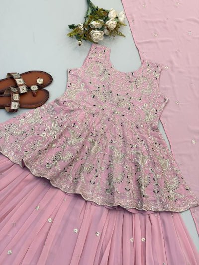 Blush Pink Embroidered Peplum Style Kurti Lehenga Skirt &amp; Dupatta - BONYHUBSALWAR KAMEEZ