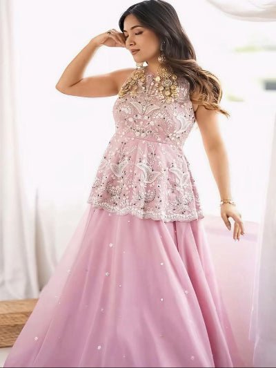 Blush Pink Embroidered Peplum Style Kurti Lehenga Skirt &amp; Dupatta - BONYHUBSALWAR KAMEEZ