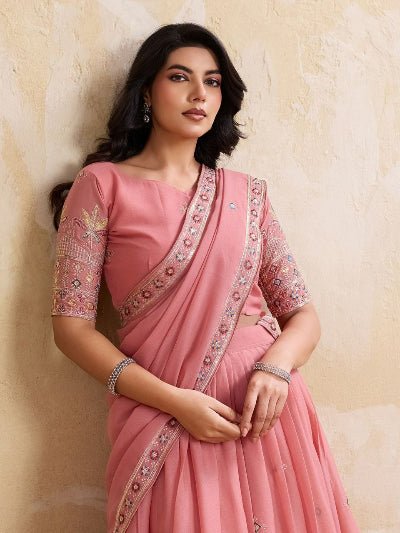 Blush Pink Embroidery Georgette Lehenga Choli Set - BONYHUBSALWAR KAMEEZ