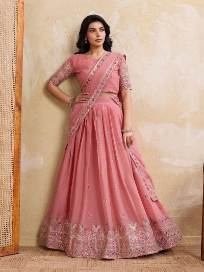 Blush Pink Embroidery Georgette Lehenga Choli Set - BONYHUBSALWAR KAMEEZ