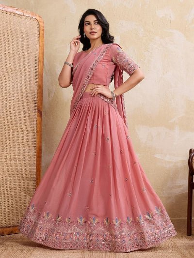 Blush Pink Embroidery Georgette Lehenga Choli Set - BONYHUBSALWAR KAMEEZ