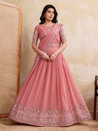 Blush Pink Embroidery Georgette Lehenga Choli Set - BONYHUBSALWAR KAMEEZ