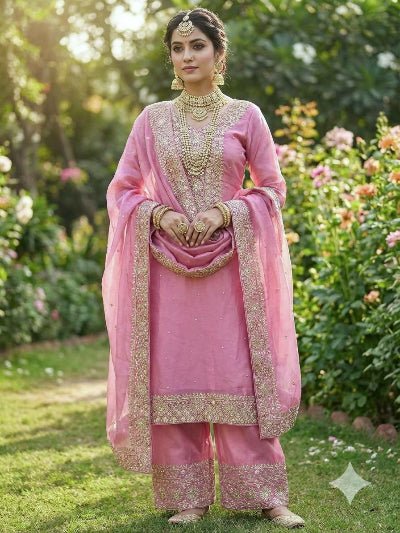 Blush Pink Fendi Silk Gold Embroidered Palazzo Suit - BONYHUBSALWAR KAMEEZ