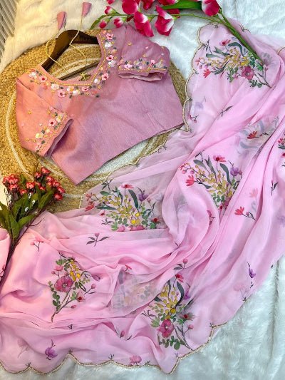 Blush Pink Floral Georgette Sari Free Stitched Blouse - BONYHUBSAREE