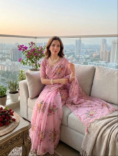 Blush Pink Floral Georgette Sari Free Stitched Blouse - BONYHUBSAREE
