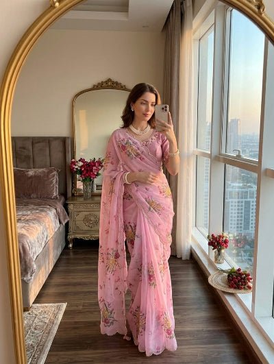 Blush Pink Floral Georgette Sari Free Stitched Blouse - BONYHUBSAREE