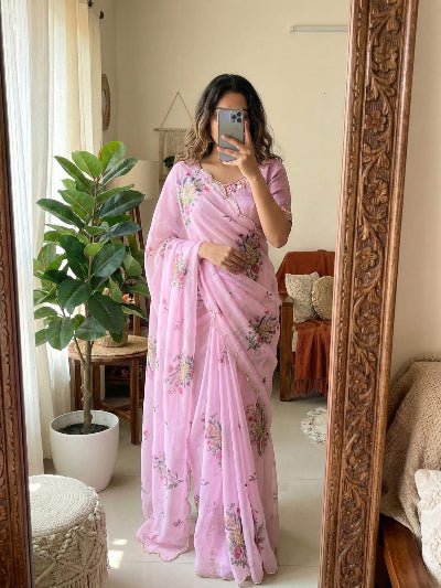 Blush Pink Floral Georgette Sari Free Stitched Blouse - BONYHUBSAREE