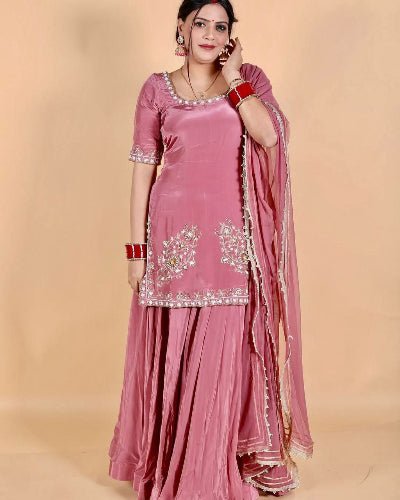 Blush Pink Gold Embroidered Sharara Palazzo Suit Set - BONYHUBSALWAR KAMEEZ