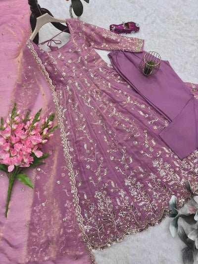 Blush Pink Gold Embroidery Work Anarkali Set - BONYHUBSALWAR KAMEEZ