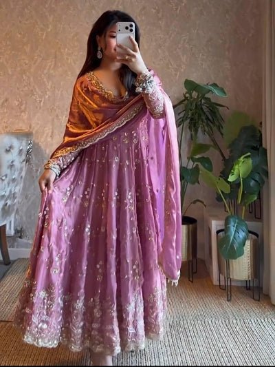 Blush Pink Gold Embroidery Work Anarkali Set - BONYHUBSALWAR KAMEEZ