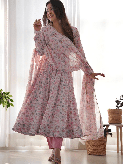 Blush Pink Organza Silk Anarkali Suit Set of 3 - BONYHUBSALWAR KAMEEZ