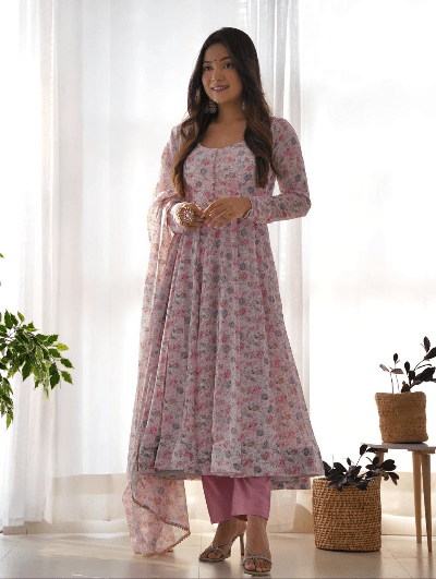 Blush Pink Organza Silk Anarkali Suit Set of 3 - BONYHUBSALWAR KAMEEZ