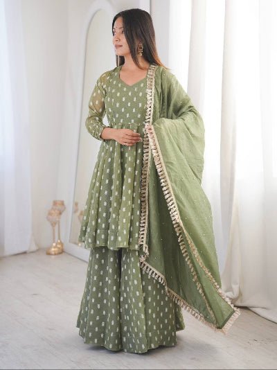 Blush Pink &amp; Pista Green Peplum Style Kurti Sharara Dupatta - BONYHUBSALWAR KAMEEZ