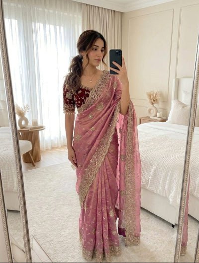 Blush Pink Pre-Stitched Ready to Wear Saree with Free Maroon Embroidered Stitched Blouse - BONYHUBSAREE
