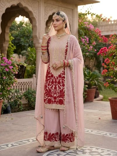 Blush Pink &amp; Red Georgette Embroidery Palazzo Suit UK - BONYHUBSALWAR KAMEEZ