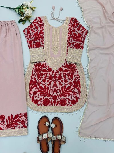 Blush Pink &amp; Red Georgette Embroidery Palazzo Suit UK - BONYHUBSALWAR KAMEEZ