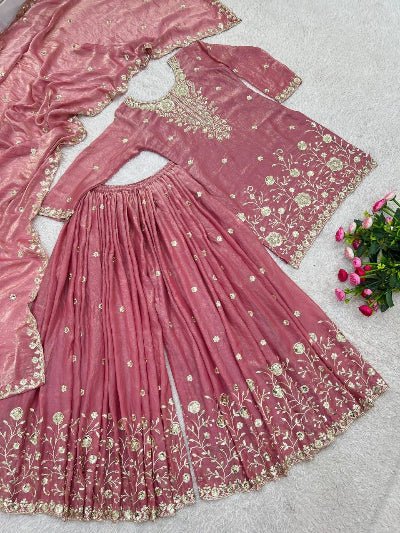 Blush Pink Silk Embroidered Palazzo Sharara Suit Set - BONYHUBSALWAR KAMEEZ