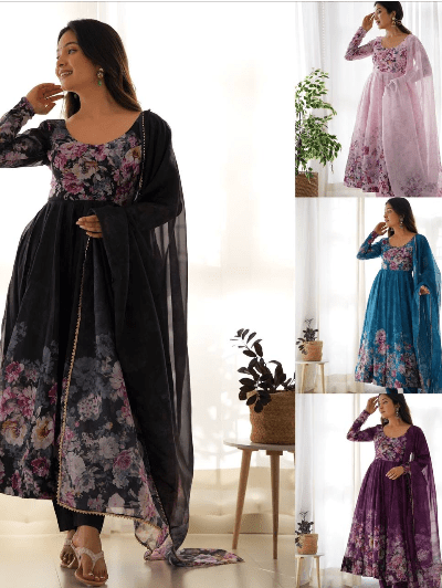 Bollywood Organza Silk Anarkali Suit Set of 3 - BONYHUBSALWAR KAMEEZ