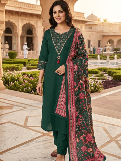 Bottle Green Embroidered Cotton Straight Suit | 3 Piece Kurta Trouser Dupatta Set - BONYHUBSALWAR KAMEEZ