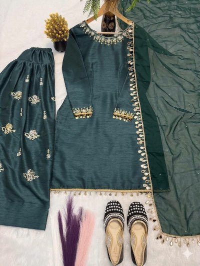 Bottle Green Embroidered Silk Farshi Suit for Women | Asian Ethnic Wear UK - BONYHUBSALWAR KAMEEZ