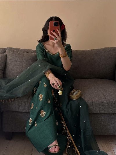 Bottle Green Embroidered Silk Farshi Suit for Women | Asian Ethnic Wear UK - BONYHUBSALWAR KAMEEZ