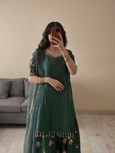 Bottle Green Embroidered Silk Farshi Suit for Women | Asian Ethnic Wear UK - BONYHUBSALWAR KAMEEZ