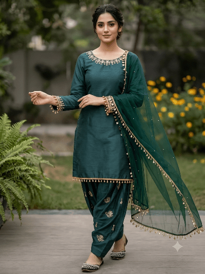 Bottle Green Embroidered Silk Farshi Suit for Women | Asian Ethnic Wear UK