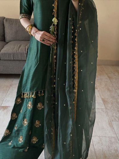Bottle Green Embroidered Silk Farshi Suit for Women | Asian Ethnic Wear UK - BONYHUBSALWAR KAMEEZ