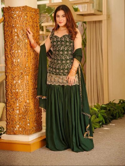 Bottle Green Embroidered Sleeveless Sharara Palazzo Set - BONYHUBSALWAR KAMEEZ
