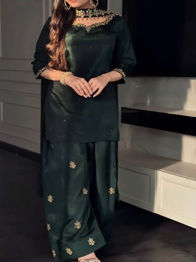 dark bottle green farshi suit modest fashion 