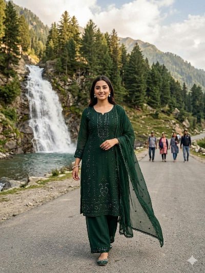 Bottle Green Georgette Embroidered Sequins Palazzo Suit - BONYHUBSALWAR KAMEEZ
