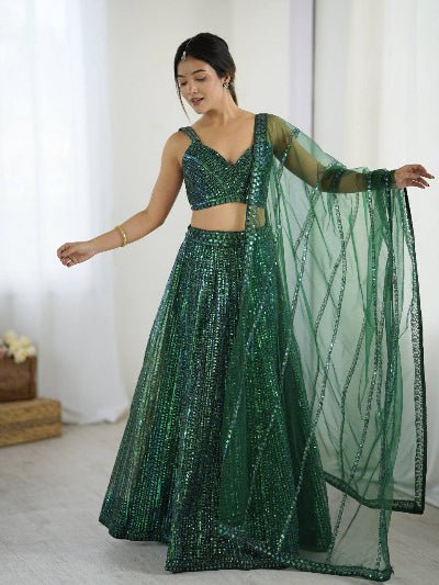 Bottle Green Partywear Sequins Lehenga Choli Set - BONYHUBSALWAR KAMEEZ