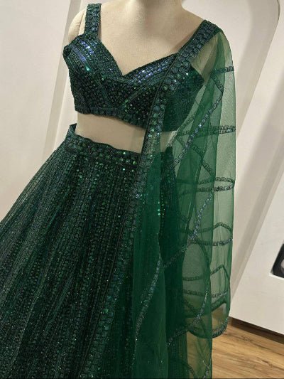 Bottle Green Partywear Sequins Lehenga Choli Set - BONYHUBSALWAR KAMEEZ