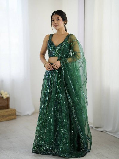 Bottle Green Partywear Sequins Lehenga Choli Set - BONYHUBSALWAR KAMEEZ