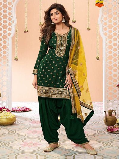 Bottle Green Plus Size Jacquard Embroidered Punjabi Suit Set - BONYHUBSALWAR KAMEEZ